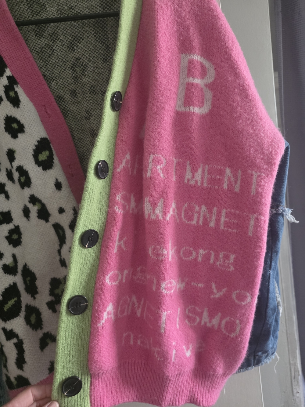 JASCIS Colorblock Leopard Patchwork Cardigan - Pink/White/Denim - Picture 11 of 16